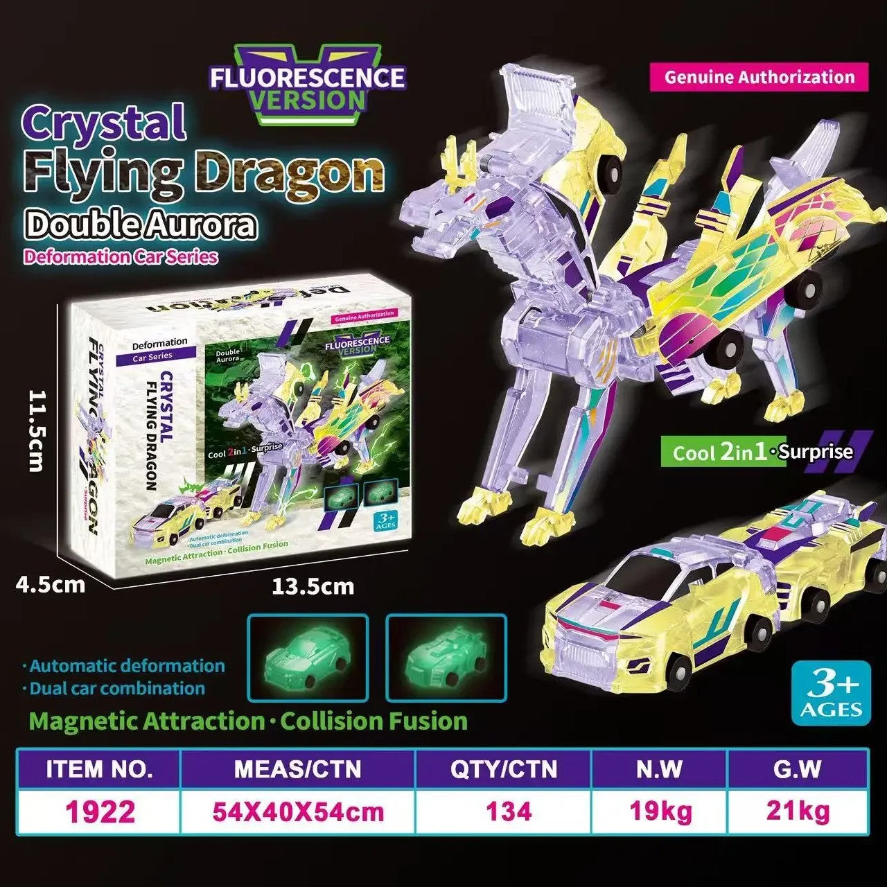 2-in-1 Collision Transforming Dinosaur Car with Automatic Collision Transformation, Manual Play, Safe for Ages 3+