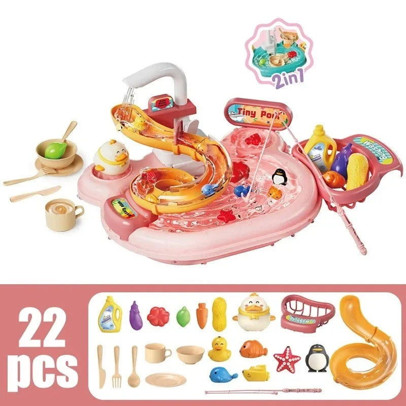 2-in-1 Dishwashing Basin Toys with Fishing Game and Water Circulation, Safe for Kids Ages 3+