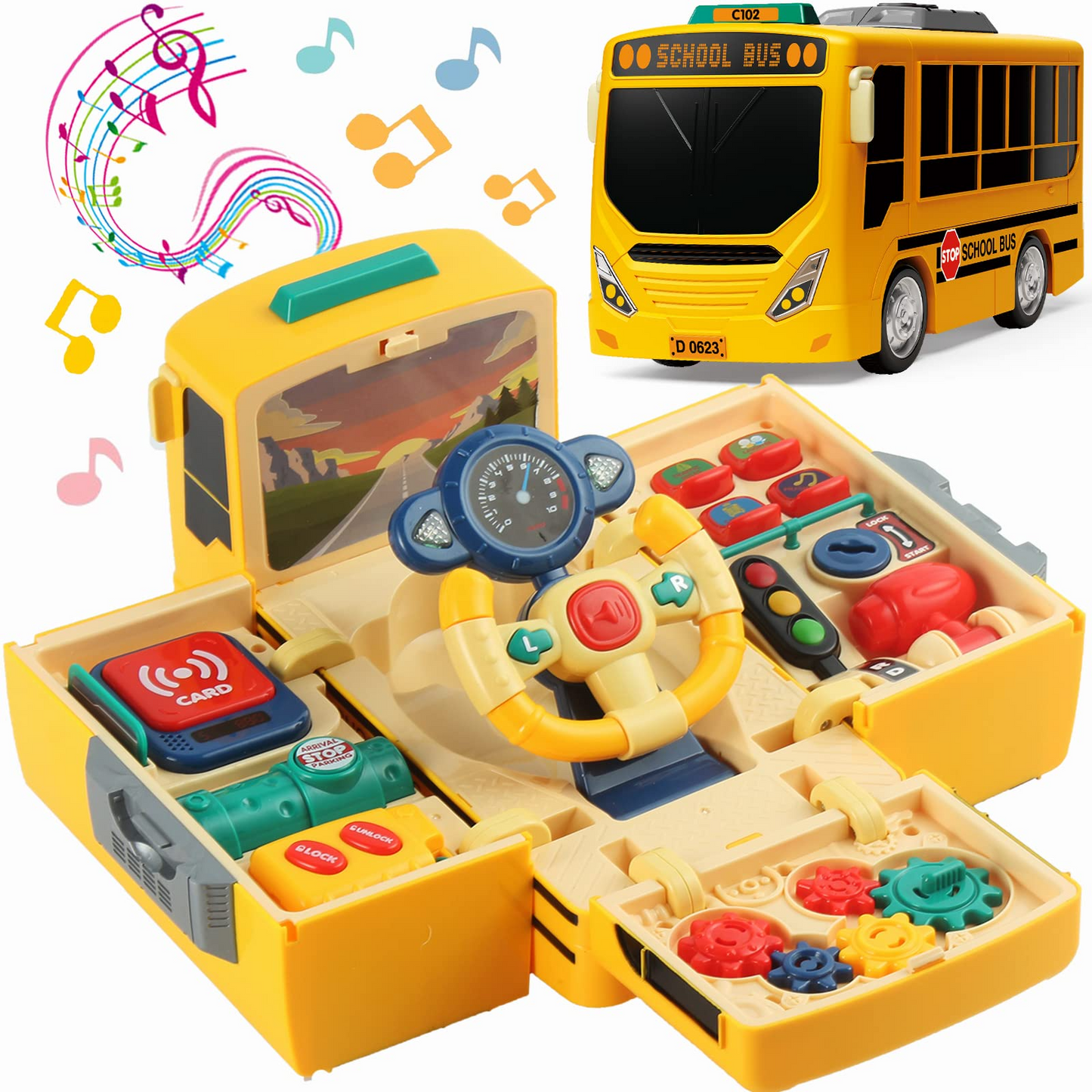 2-in-1 School Bus Driving Toy with Sound and Light, Simulation Steering Wheel Gear, Safe for Ages 3+