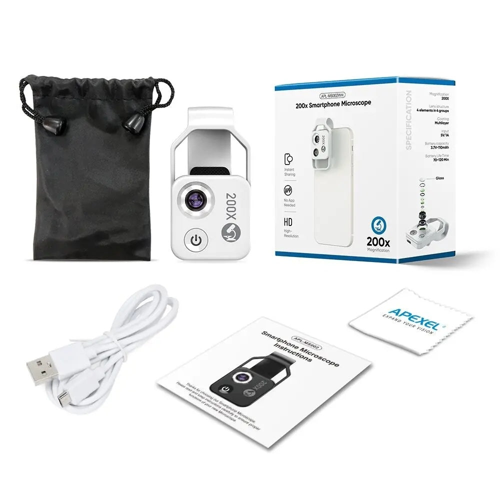 200X Zoom Professional Microscope Lens for Smartphones with Clip, Built-in LED Fill Light