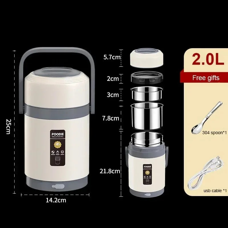 304 Stainless Steel Heated Lunch Box with USB Heating, Constant Temperature 65°C, Portable & Rechargeable