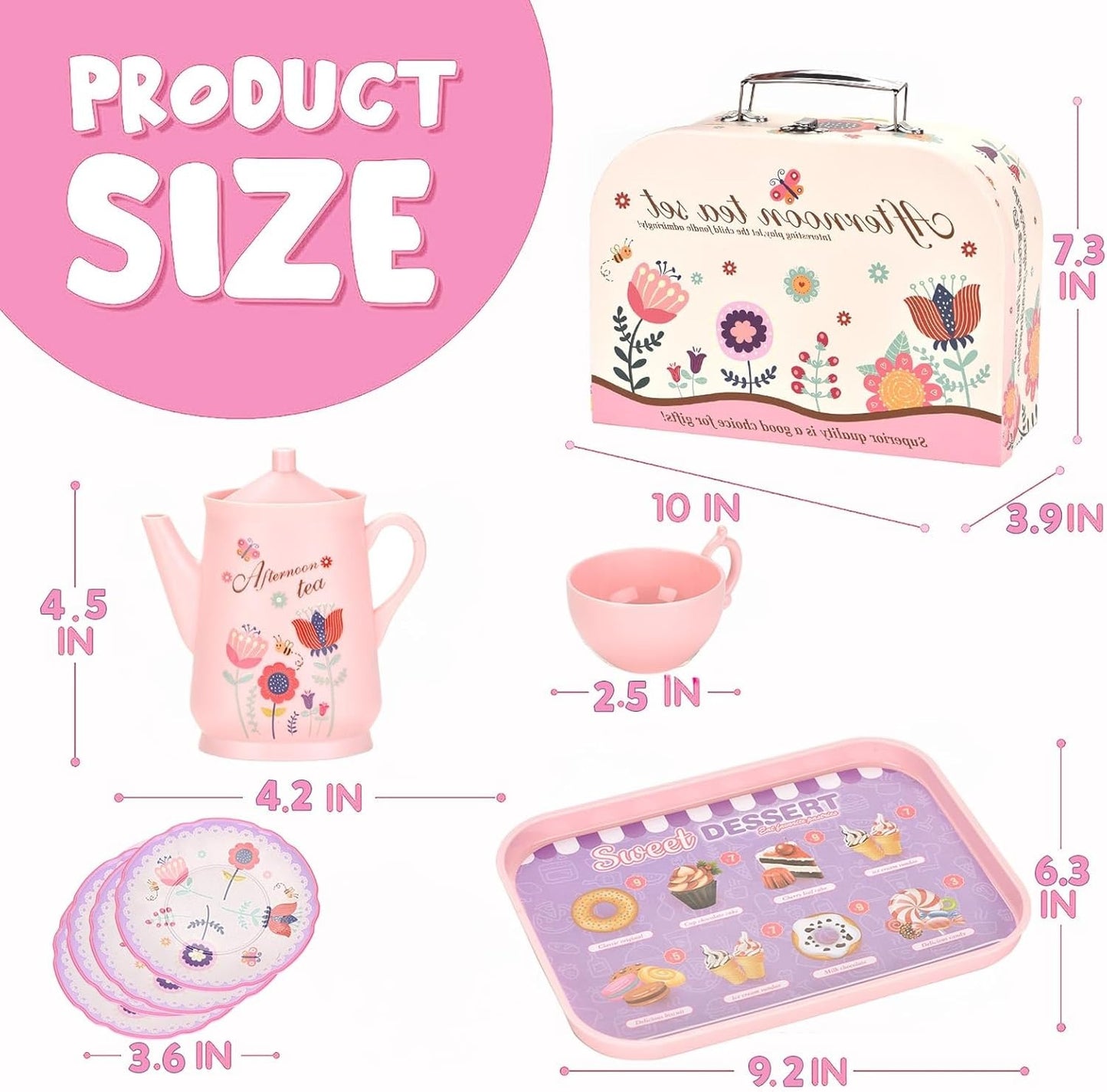 42PCS Kids Afternoon Tea Party Set with Teapot, Desserts & Cups, Portable Carry Case, Safe for Ages 3+