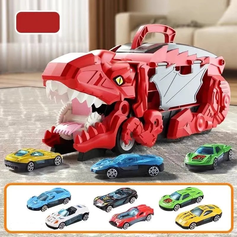 Dino Truck That Gobbles Up Cars with Swallowing Function, Transformable into Car Slide, Portable with Handle, Safe for Ages 3+