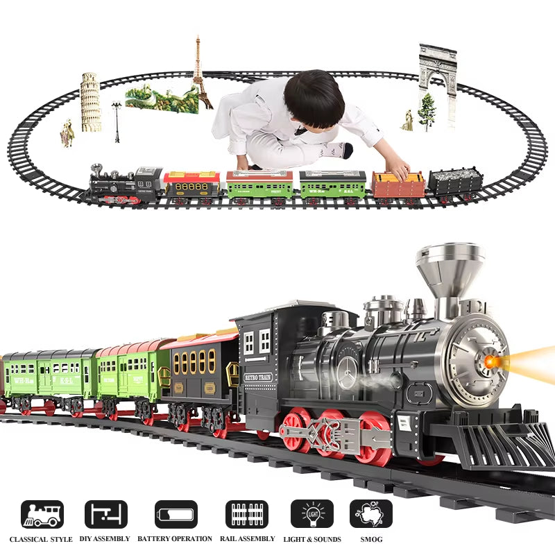 Electric Christmas Steam Train Set with Lights and Sounds, Toy Railway Decoration for Kids Under the Christmas Tree