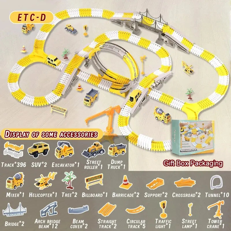 Expandable Raceway Playset for Creative Kids – Flexible Track System with DIY Bridge, Safe for Ages 3+