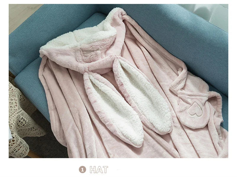 Cute Rabbit Ears Hooded Velvet Blanket