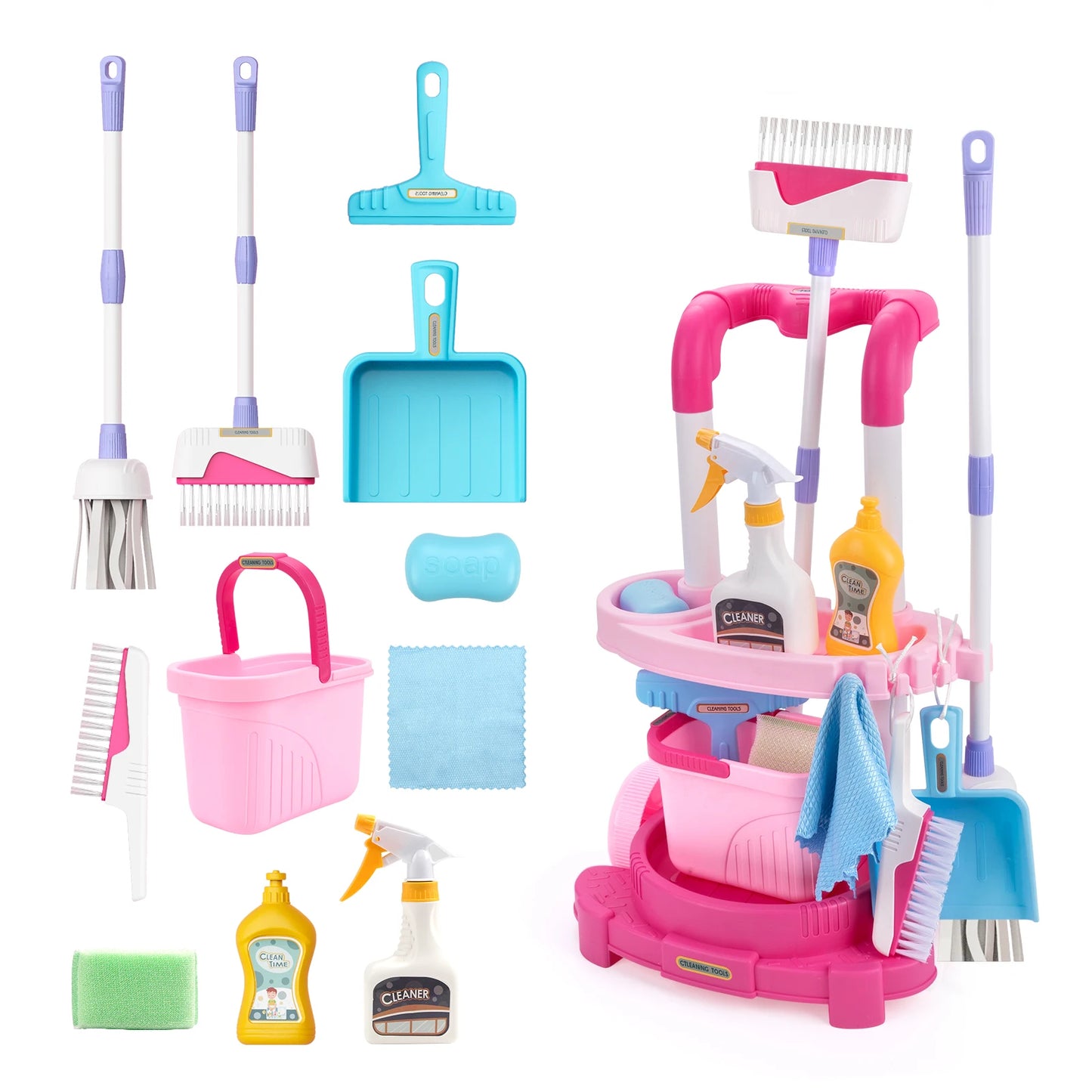 Housekeeping Cleaning Trolley Playset Caddy Includes Accessories and Toy Vacuum, Safe for Ages 3+