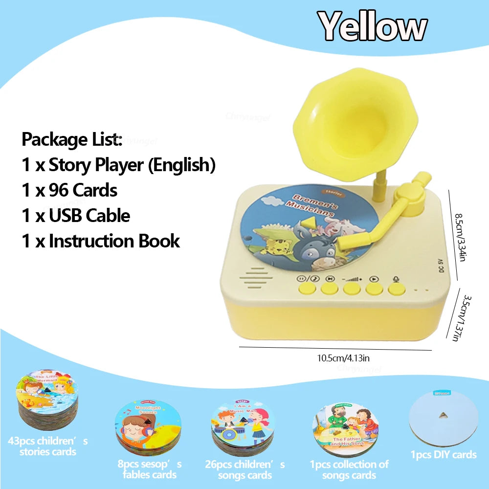 Kids Story Player Gramophone - 96 Themed Discs, Boosts English Skills, Easy Controls, Eye-Catching Design, Safe for Toddlers 3+