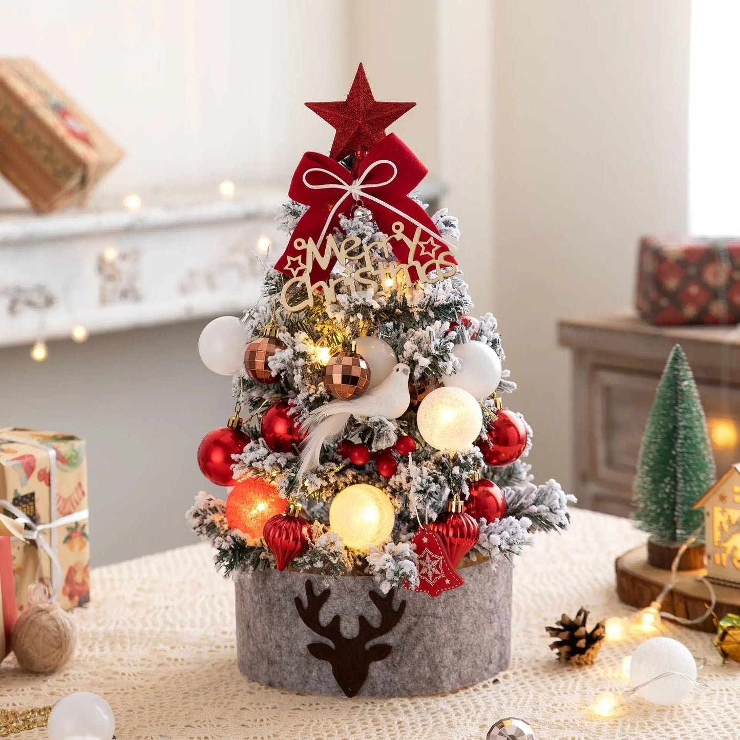 Mini Decorative Christmas Tree for Desktop with LED Lights, Safe Materials, Easy to Install and Disassemble