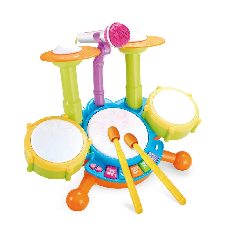 Musical Drum Set Toy with Flashing Lights & Microphone, 5 Fun Music Modes, Safe for Ages 1+