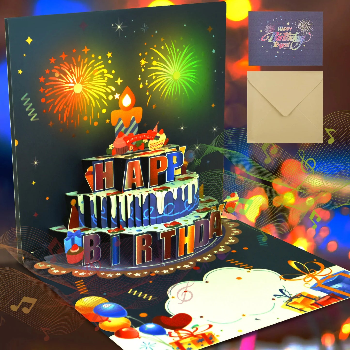 Pop-Up Birthday Card with Envelope – 3D Card with Fireworks Design with Lights & Sound