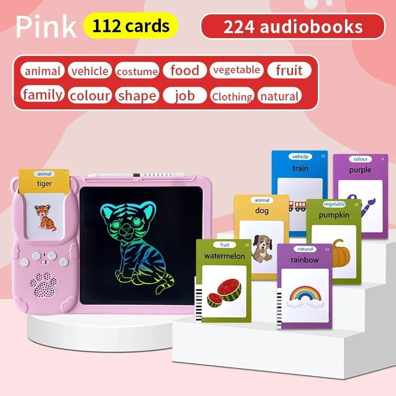 Talking Flash Cards with LCD Writing Drawing Tablet, Montessori Speech Therapy Learning Toy, Safe for Kids 2+