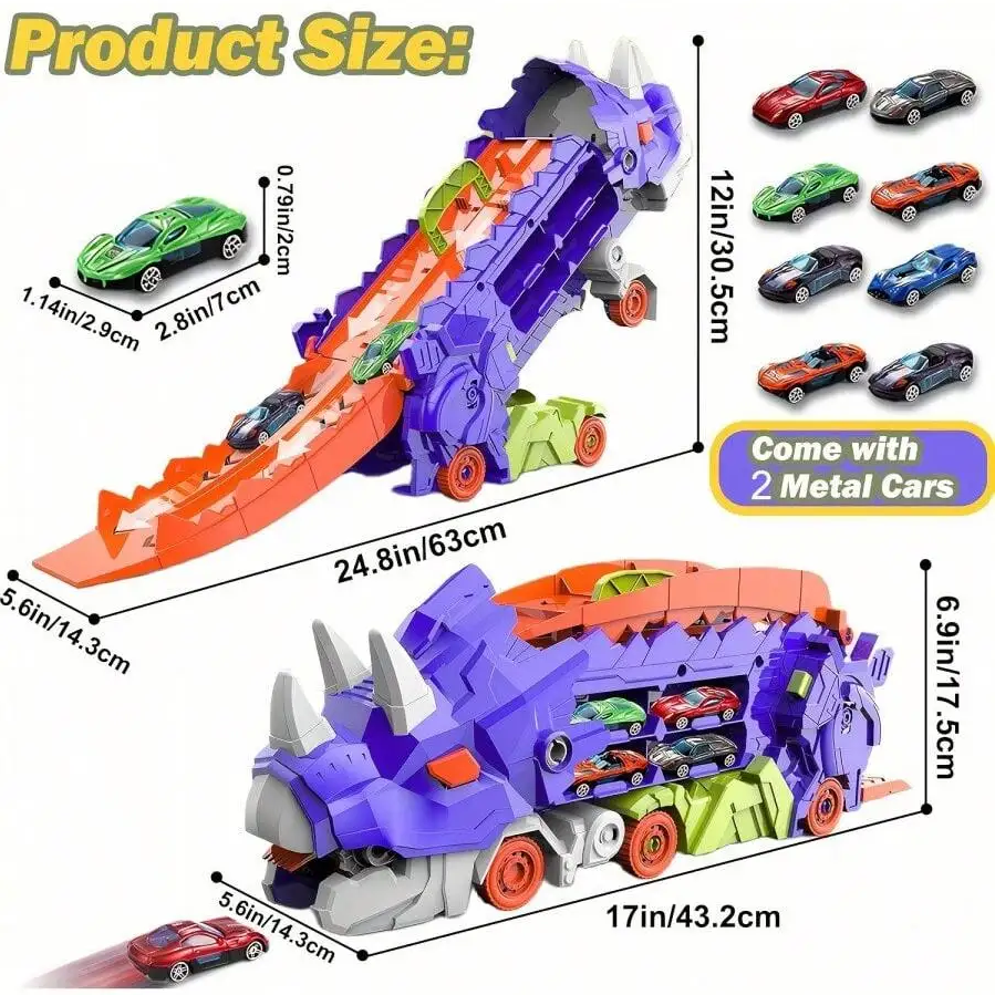 Transport Dinosaur Car Play Truck - 25-Inch Race Track, Transforms Standing T-Rex – Safe for Ages 3+