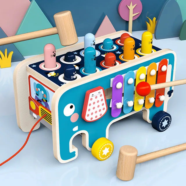 Wooden Elephant Whack-a-Mole Toy with Gears, Bead Counter, Pull Toy Feature, Safe for Ages 3+