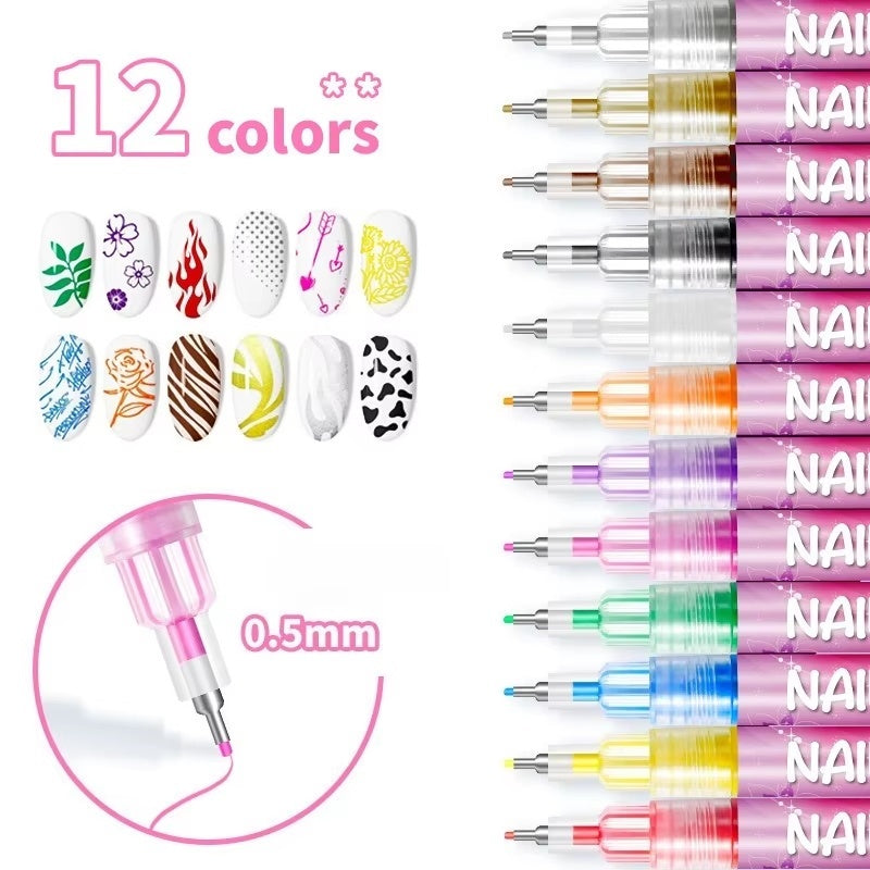 12-Color Nail Art Pen Set with Ultra-Fine 0.5mm Tip, Water-Based Ink – Safe, Quick-Drying, and Waterproof