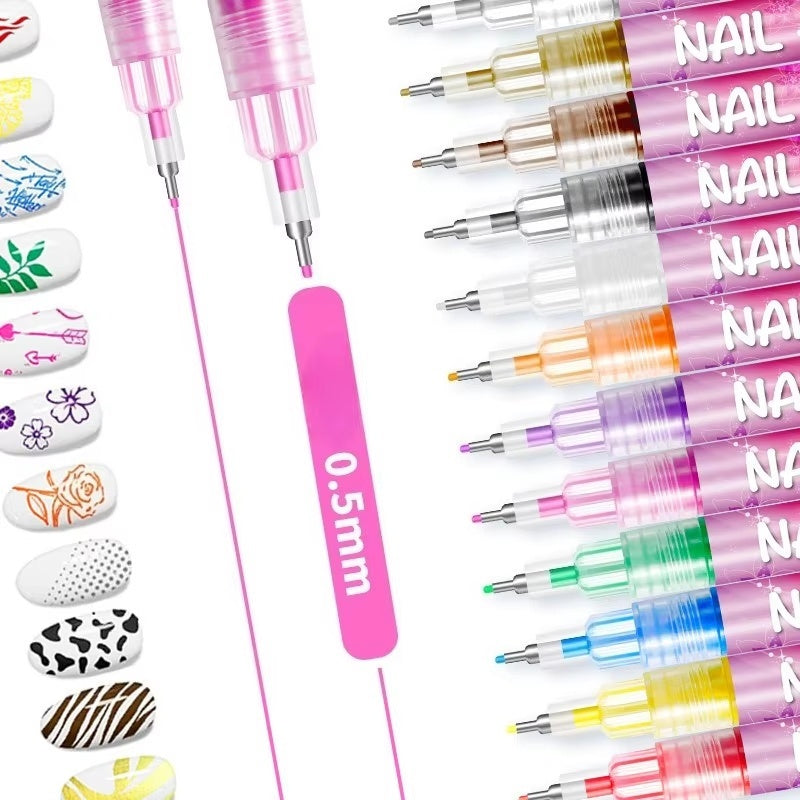 12-Color Nail Art Pen Set with Ultra-Fine 0.5mm Tip, Water-Based Ink – Safe, Quick-Drying, and Waterproof