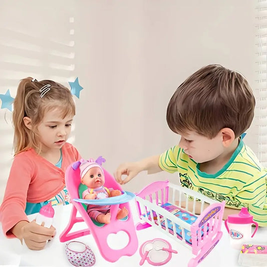 12" My First Baby Doll 15 Pcs Play Set With High Chair, Dollhouse Decoration, Compact Design, Safe for Ages 5+