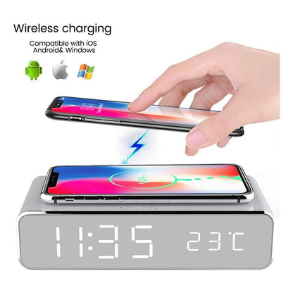 2-in-1 Alarm Clock with Wireless Charging, LED Display, Fast 5W Qi Charging, Power Saving Mode