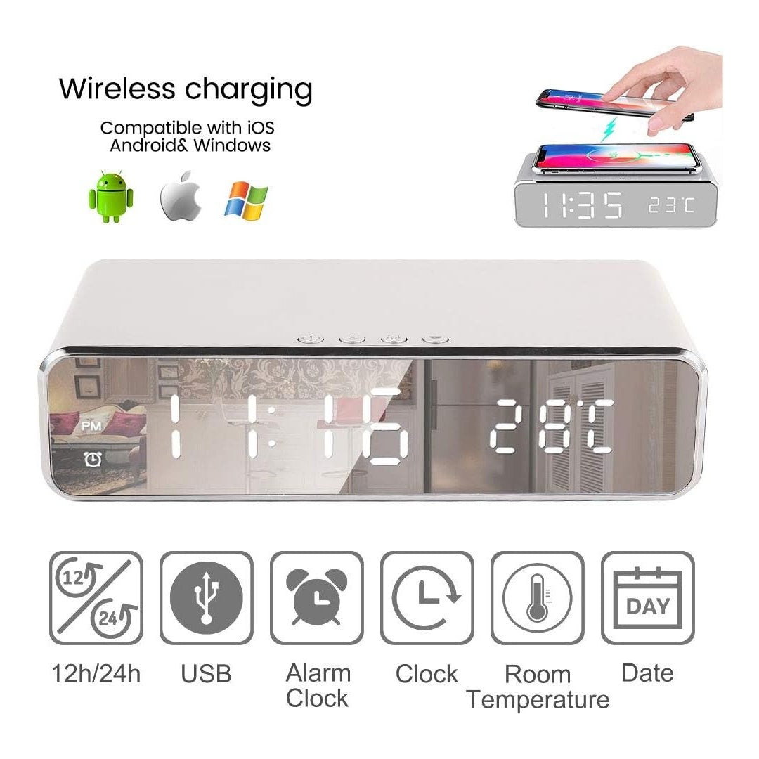 2-in-1 Alarm Clock with Wireless Charging, LED Display, Fast 5W Qi Charging, Power Saving Mode