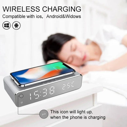 2-in-1 Alarm Clock with Wireless Charging, LED Display, Fast 5W Qi Charging, Power Saving Mode
