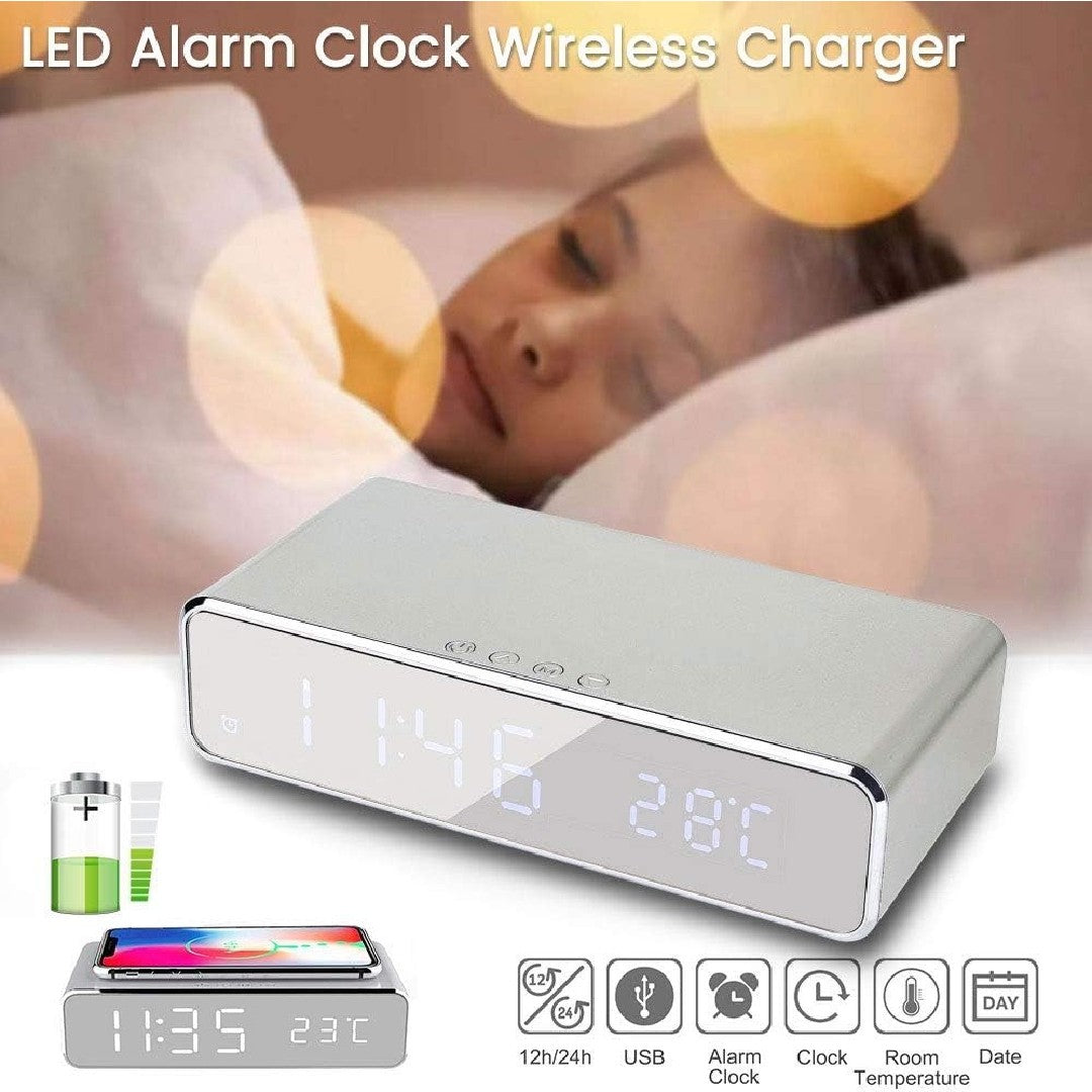 2-in-1 Alarm Clock with Wireless Charging, LED Display, Fast 5W Qi Charging, Power Saving Mode