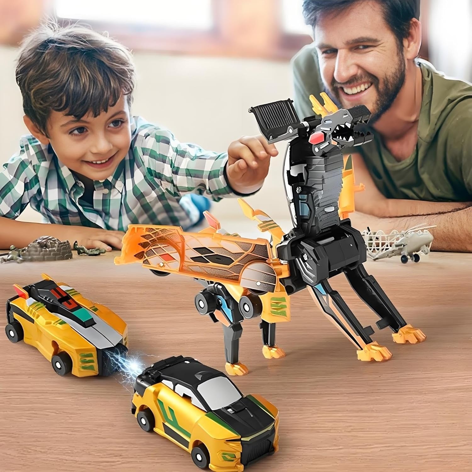 2-in-1 Collision Transforming Dinosaur Car with Automatic Collision Transformation, Manual Play, Safe for Ages 3+