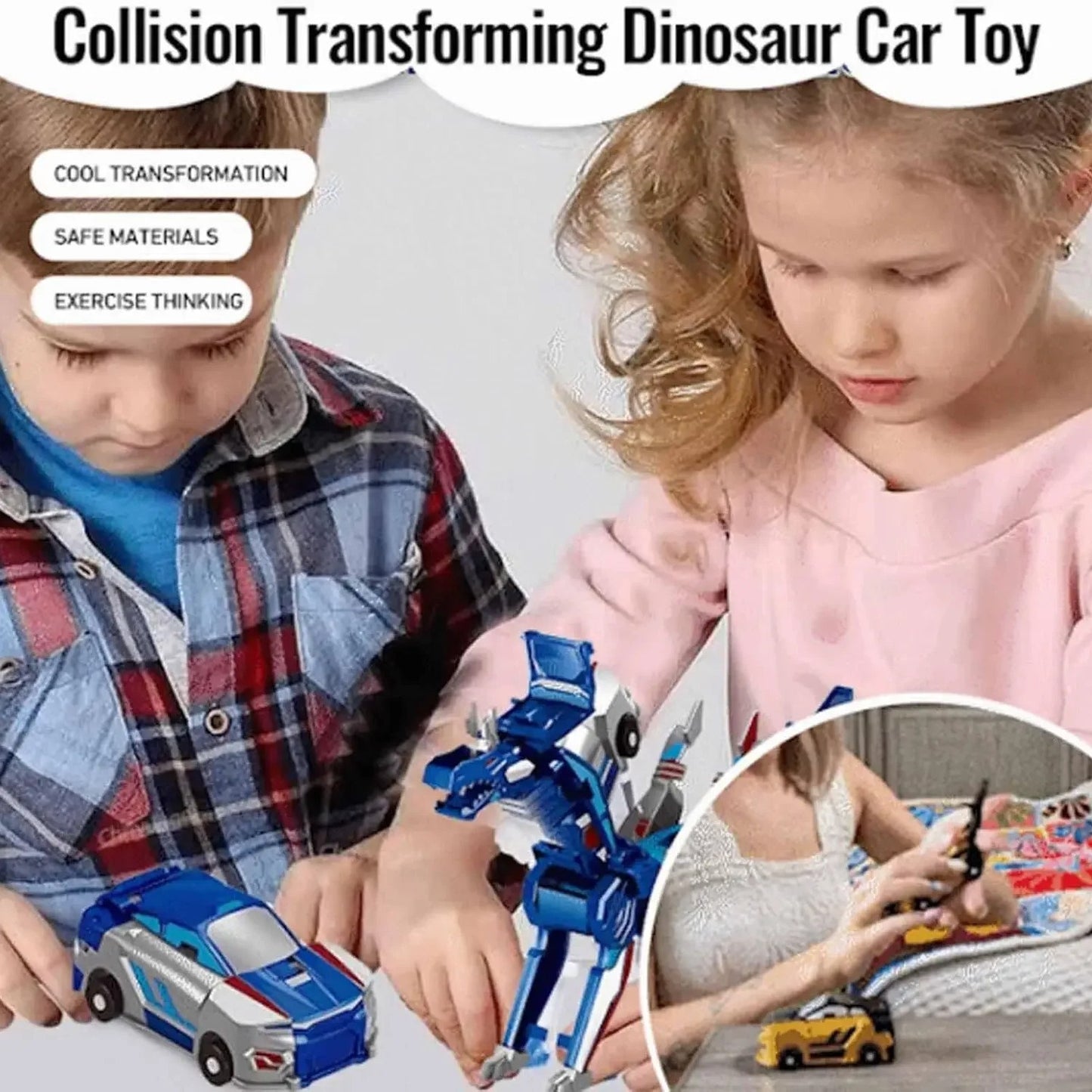2-in-1 Collision Transforming Dinosaur Car with Automatic Collision Transformation, Manual Play, Safe for Ages 3+