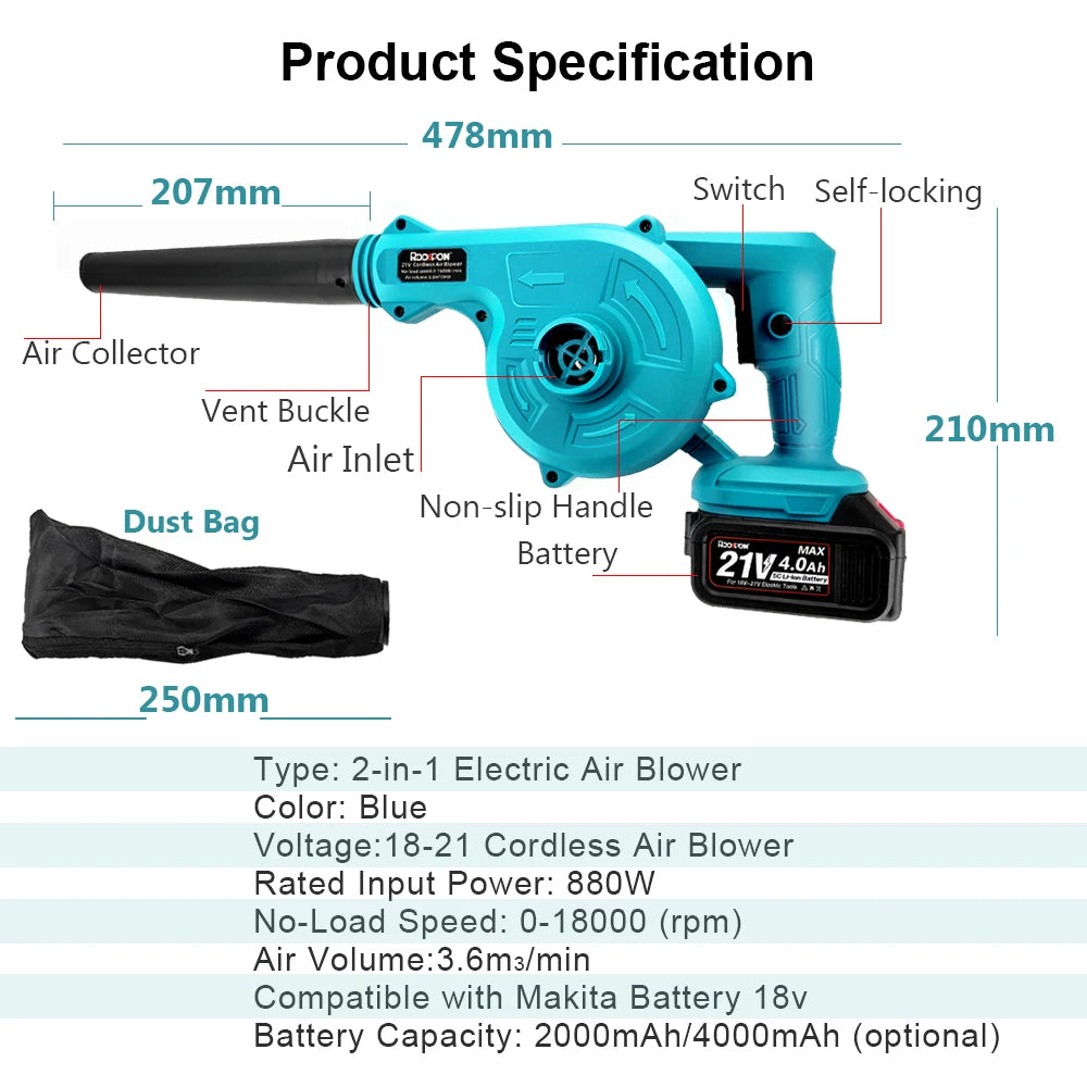 2-in-1 Cordless Leaf Blower & Vacuum – Portable Electric Garden Blower with Strong Suction for Yard Cleaning & Debris Removal