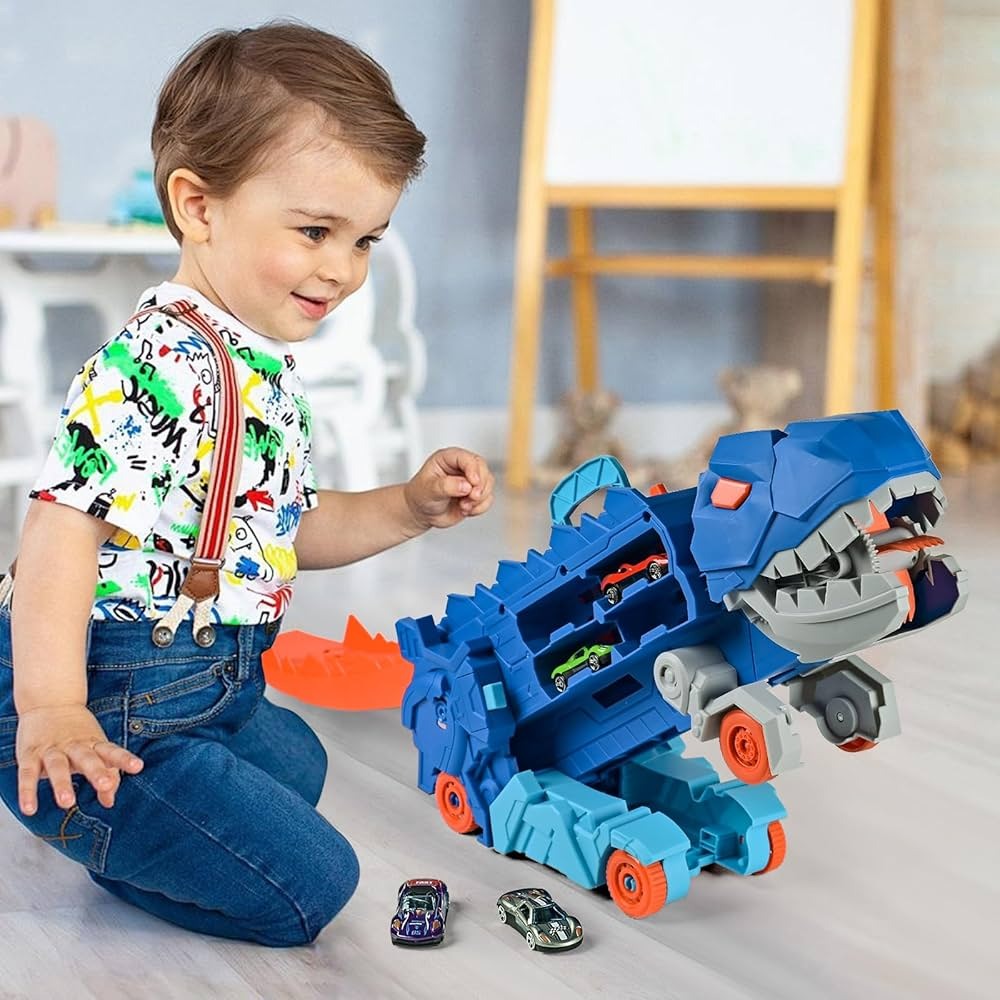 2-in-1 STEM Dinosaur Transport Truck with 2 Metal Cars, Safe for Ages 4+