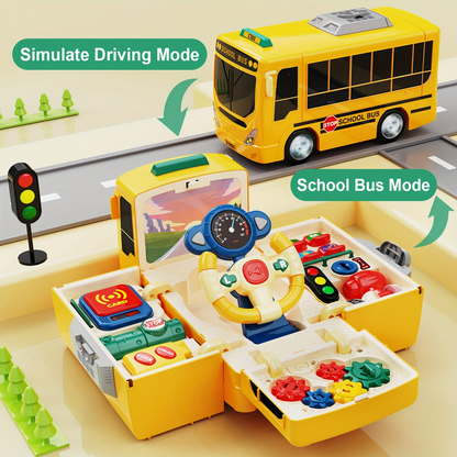2-in-1 School Bus Driving Toy with Sound and Light, Simulation Steering Wheel Gear, Safe for Ages 3+