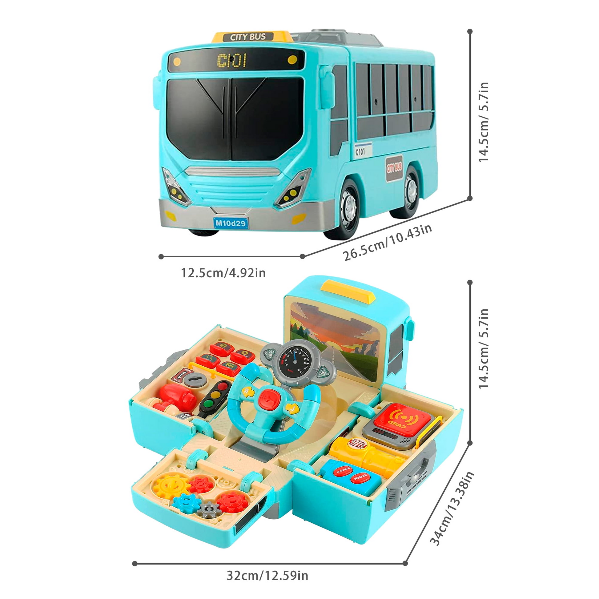 2-in-1 School Bus Driving Toy with Sound and Light, Simulation Steering Wheel Gear, Safe for Ages 3+