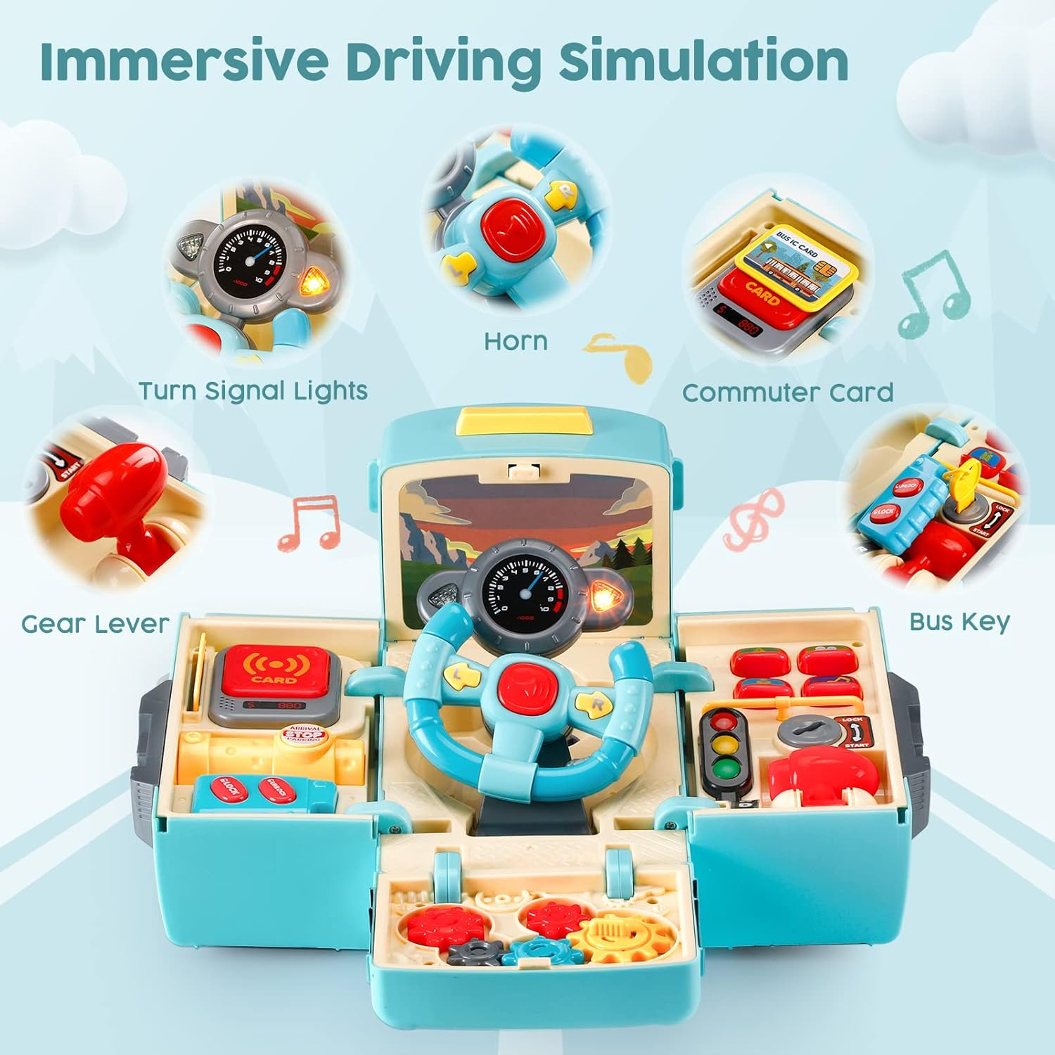 2-in-1 School Bus Driving Toy with Sound and Light, Simulation Steering Wheel Gear, Safe for Ages 3+