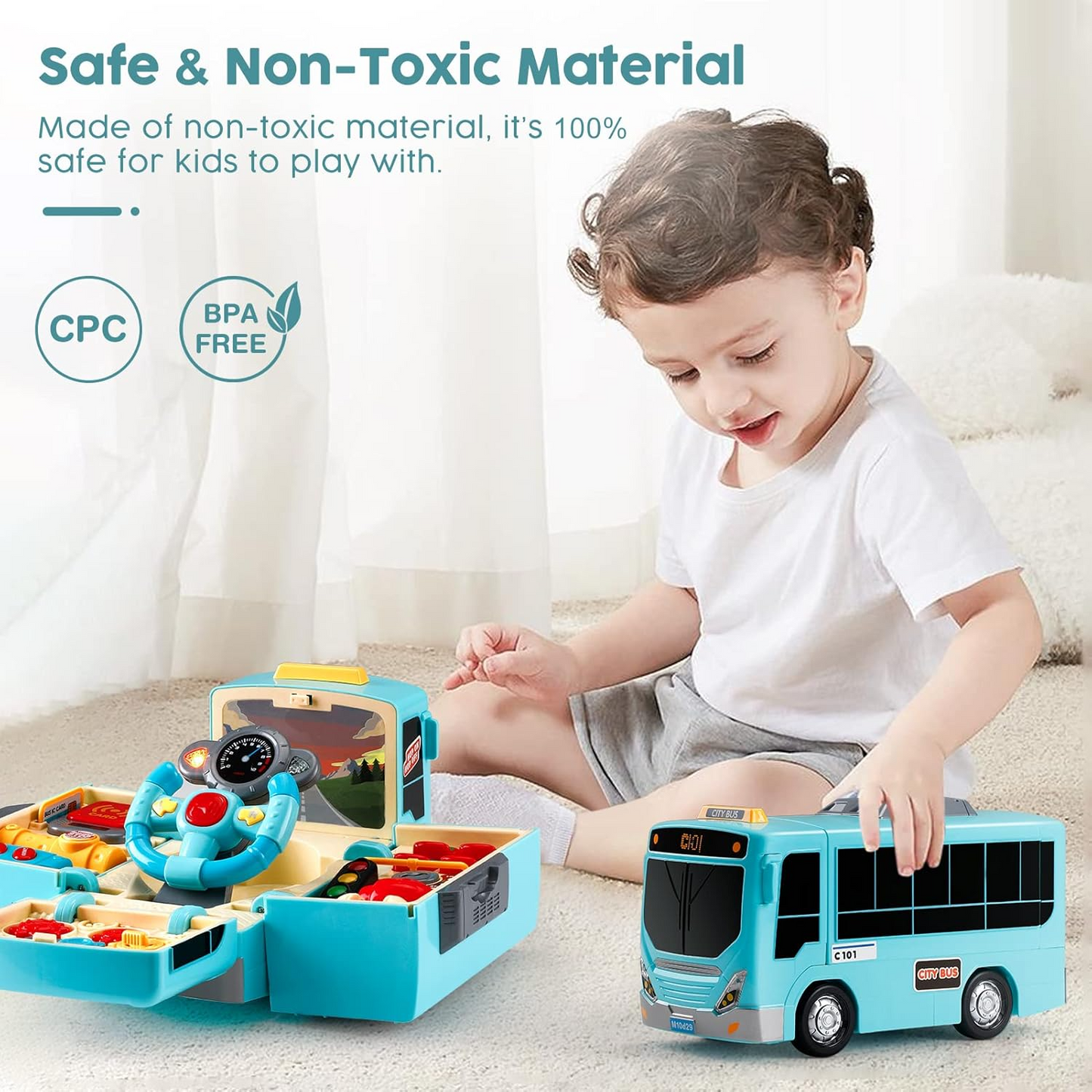 2-in-1 School Bus Driving Toy with Sound and Light, Simulation Steering Wheel Gear, Safe for Ages 3+