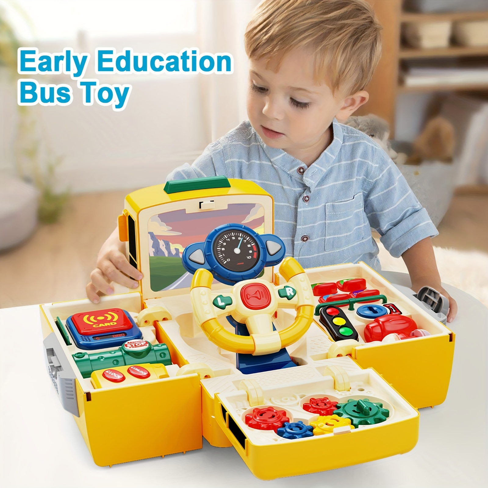 2-in-1 School Bus Driving Toy with Sound and Light, Simulation Steering Wheel Gear, Safe for Ages 3+