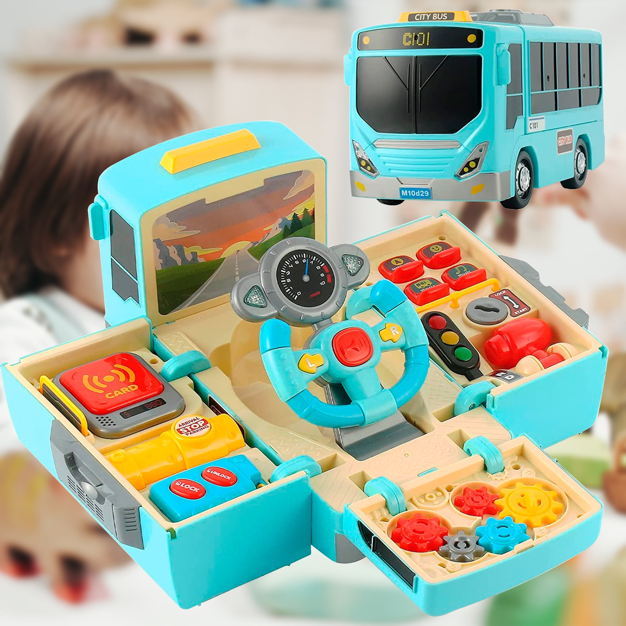 2-in-1 School Bus Driving Toy with Sound and Light, Simulation Steering Wheel Gear, Safe for Ages 3+
