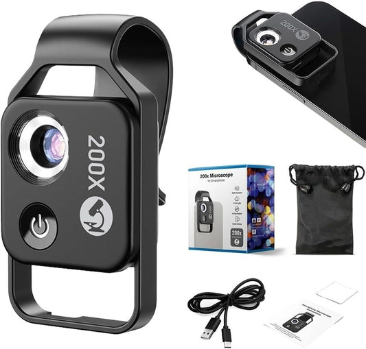 200X Zoom Professional Microscope Lens for Smartphones with Clip, Built-in LED Fill Light