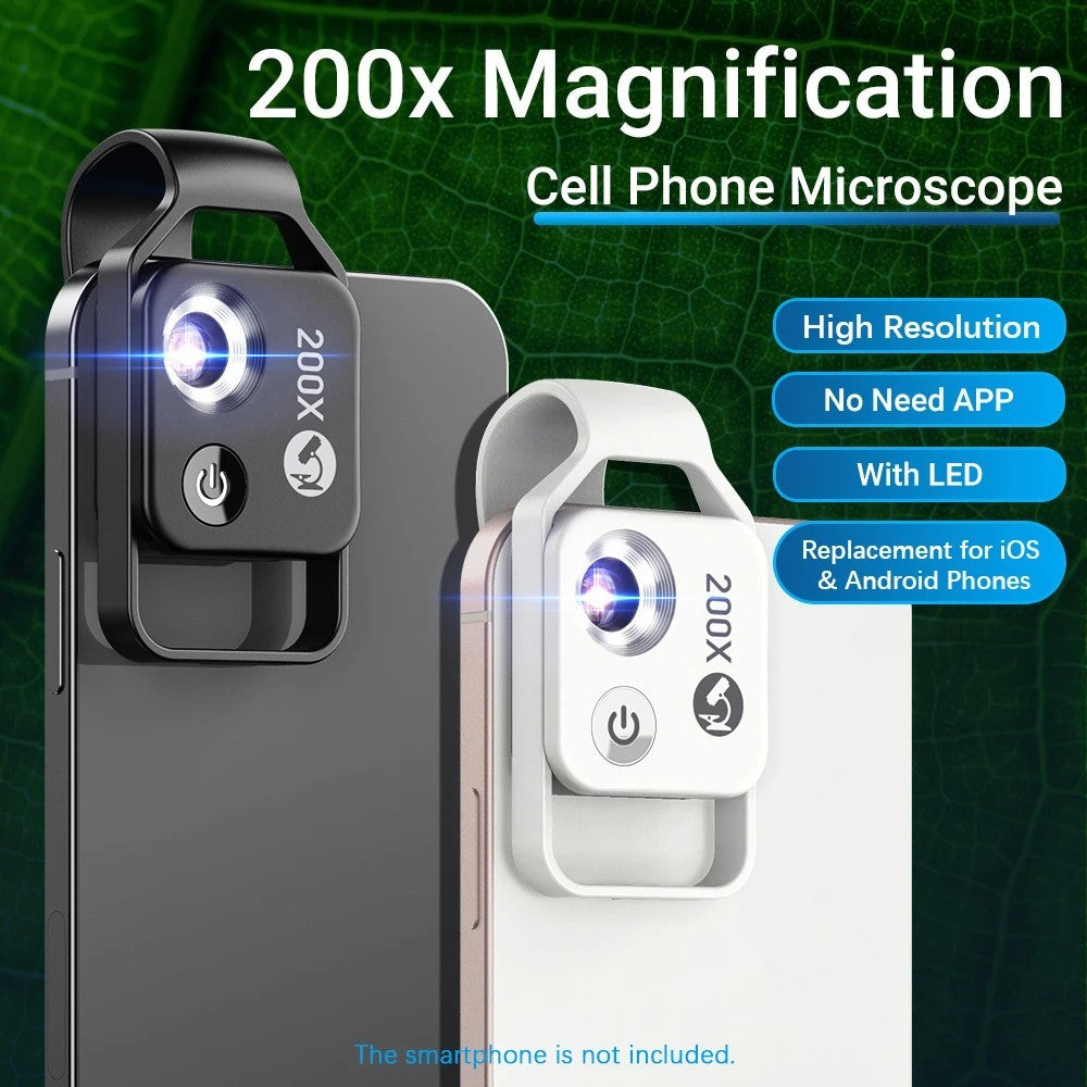 200X Zoom Professional Microscope Lens for Smartphones with Clip, Built-in LED Fill Light