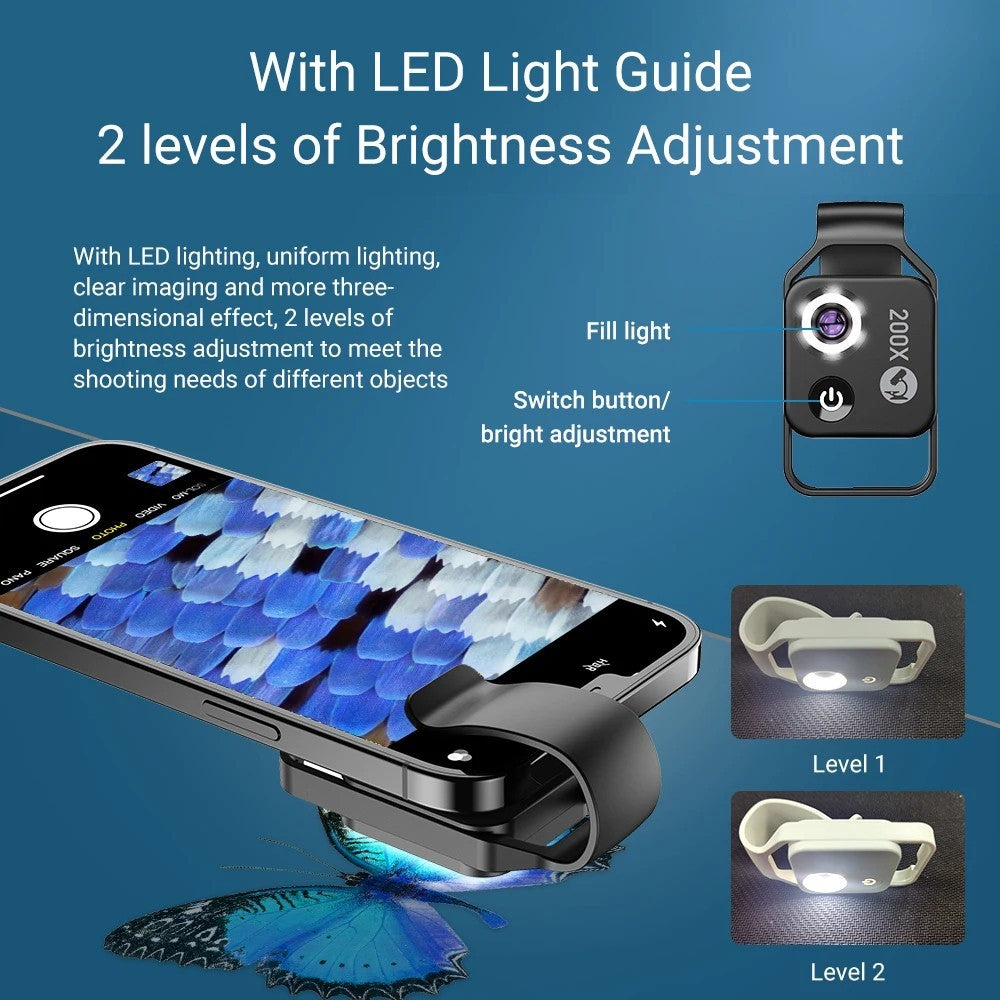 200X Zoom Professional Microscope Lens for Smartphones with Clip, Built-in LED Fill Light