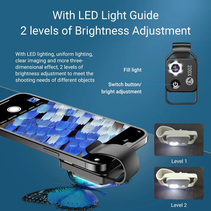 200X Zoom Professional Microscope Lens for Smartphones with Clip, Built-in LED Fill Light