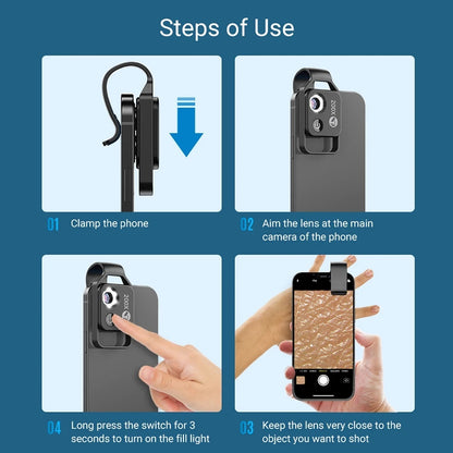 200X Zoom Professional Microscope Lens for Smartphones with Clip, Built-in LED Fill Light