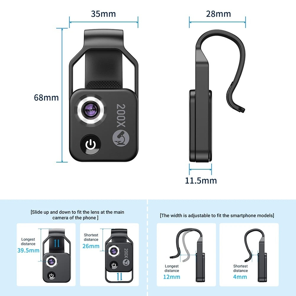 200X Zoom Professional Microscope Lens for Smartphones with Clip, Built-in LED Fill Light