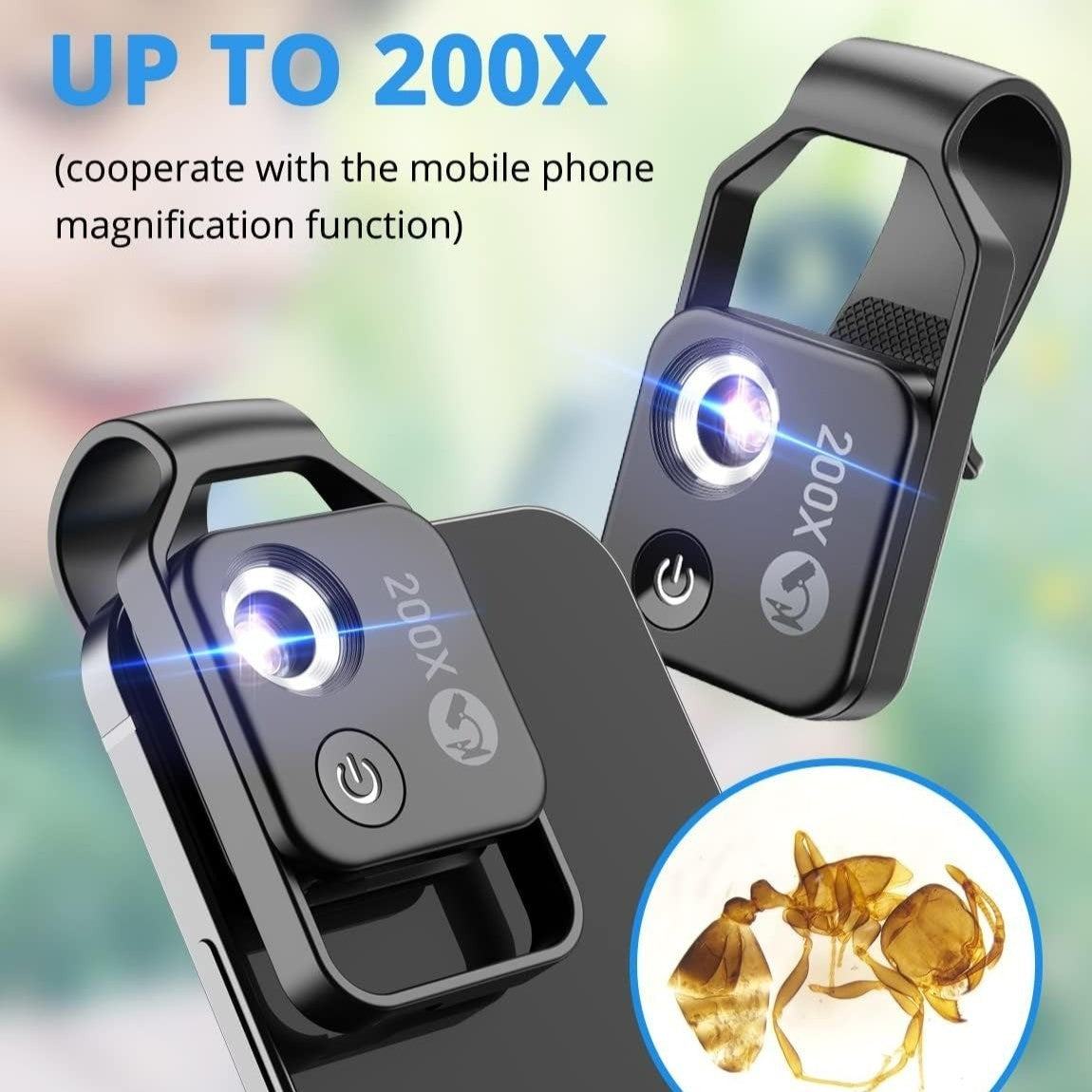 200X Zoom Professional Microscope Lens for Smartphones with Clip, Built-in LED Fill Light