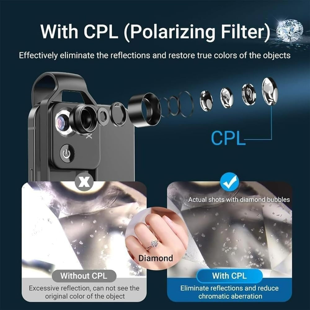 200X Zoom Professional Microscope Lens for Smartphones with Clip, Built-in LED Fill Light