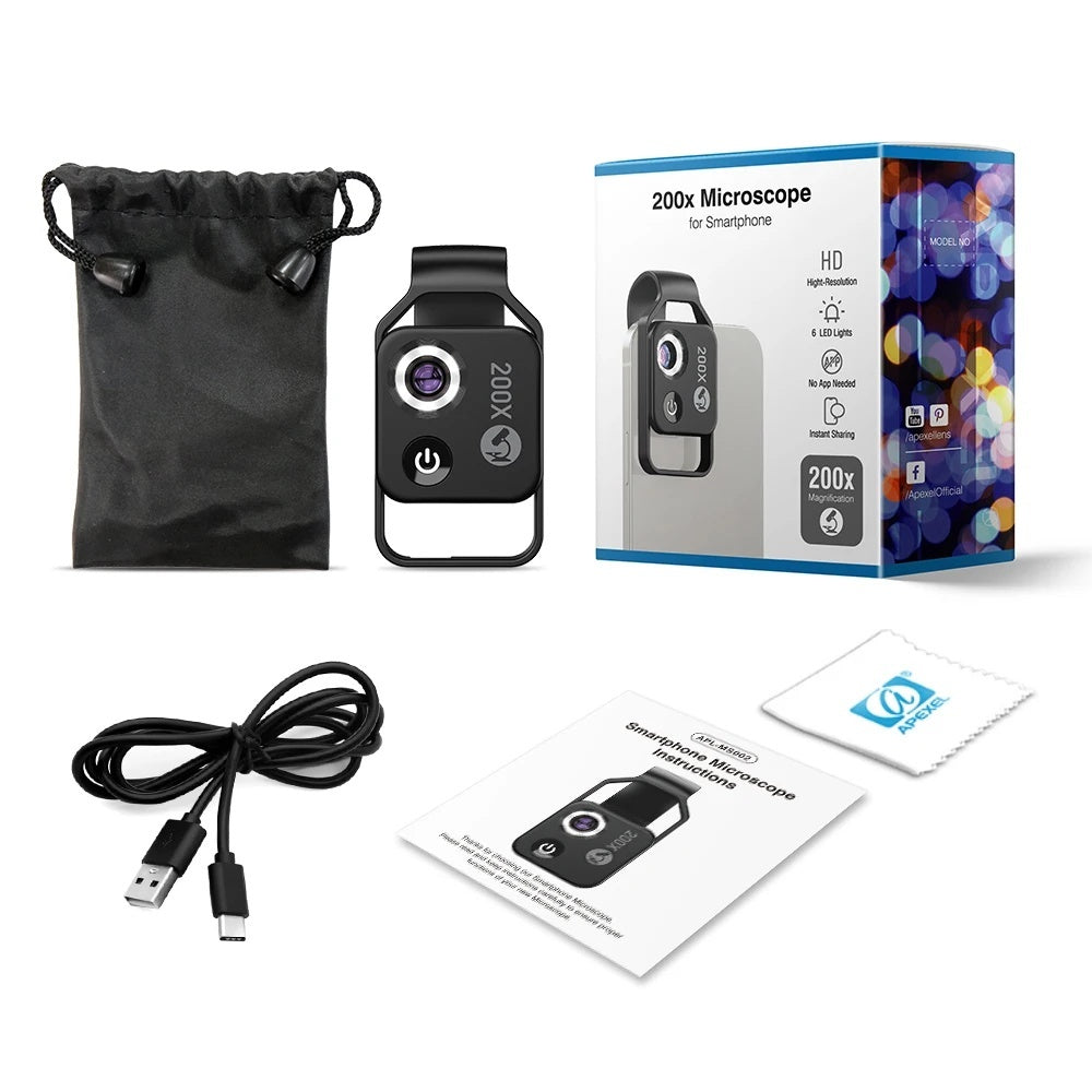 200X Zoom Professional Microscope Lens for Smartphones with Clip, Built-in LED Fill Light