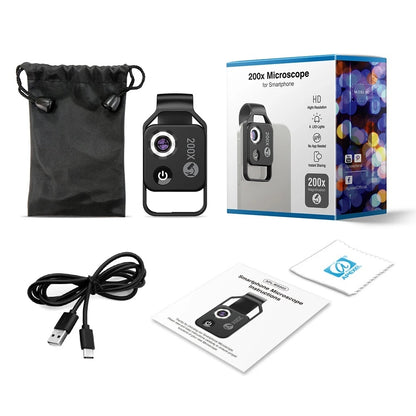 200X Zoom Professional Microscope Lens for Smartphones with Clip, Built-in LED Fill Light