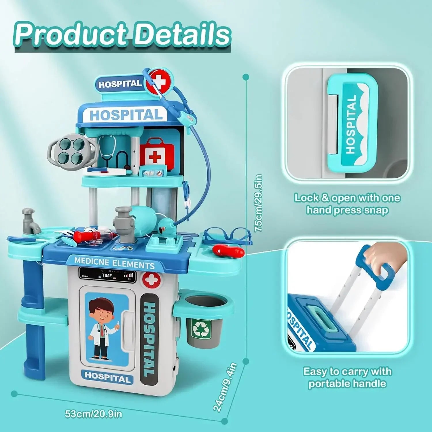 22 Pcs Educational Pretend Medical Station Set Doctor, Realistic Tools, Foldable Trolley, Safe for Kids 3+