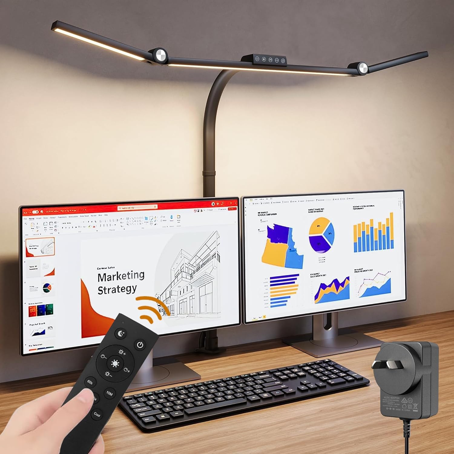 24W Triple-Head LED Desk Lamp with Clamp, Auto-Dimming, and 360° Flexible Gooseneck Design for Office and Home