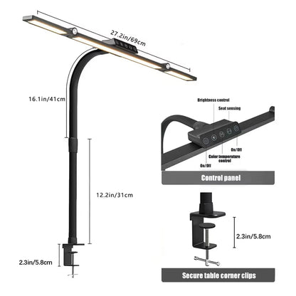 24W Triple-Head LED Desk Lamp with Clamp, Auto-Dimming, and 360° Flexible Gooseneck Design for Office and Home