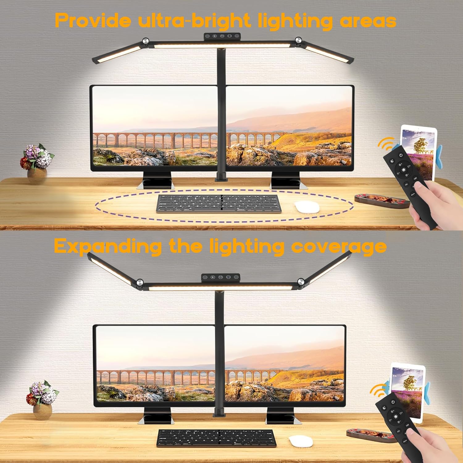 24W Triple-Head LED Desk Lamp with Clamp, Auto-Dimming, and 360° Flexible Gooseneck Design for Office and Home