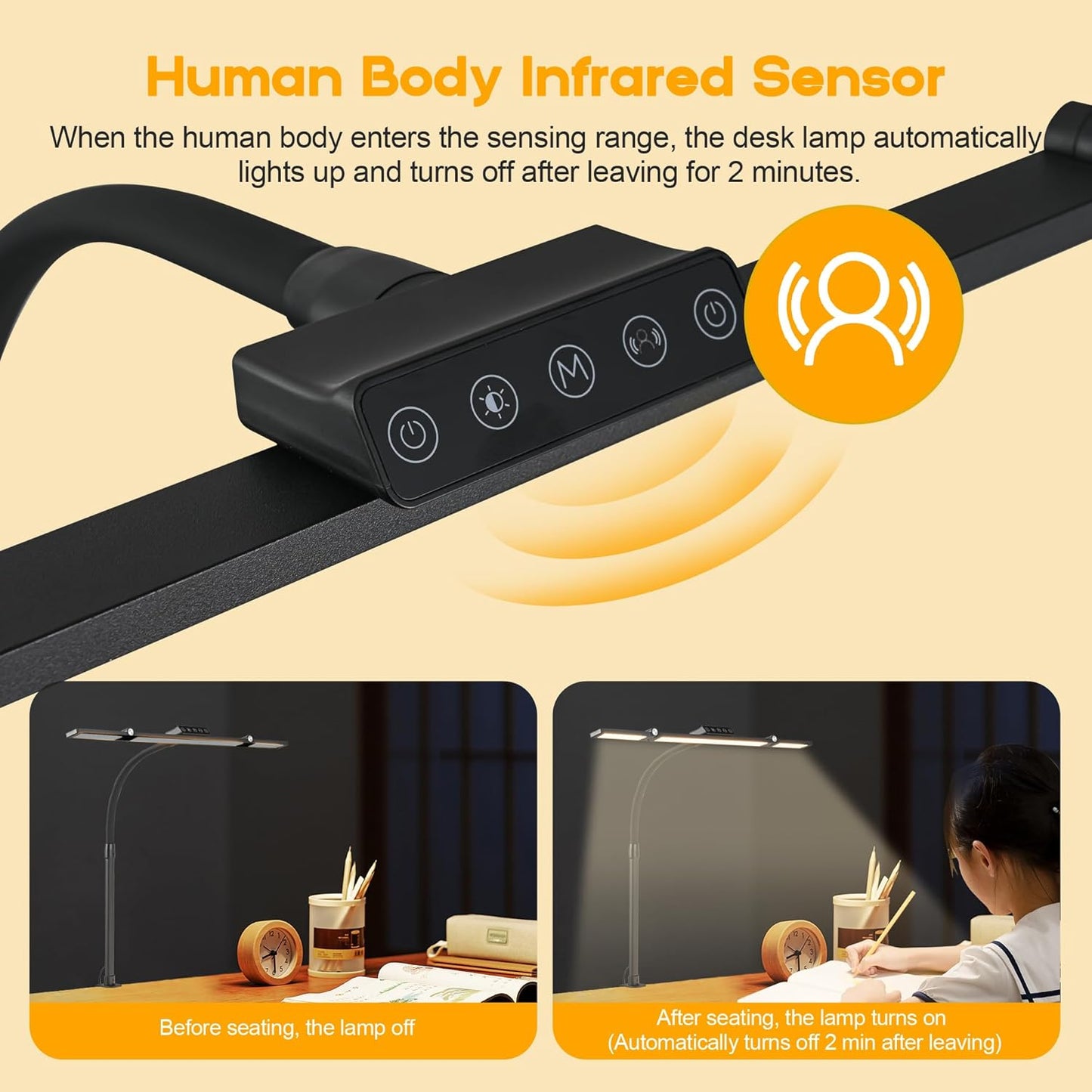 24W Triple-Head LED Desk Lamp with Clamp, Auto-Dimming, and 360° Flexible Gooseneck Design for Office and Home